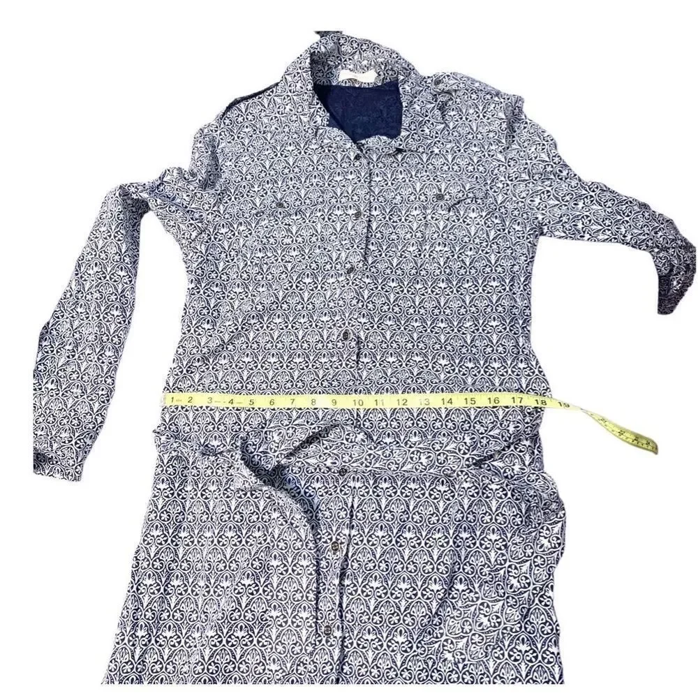 Tory Burch Blue Tile Printed White Button Up Belted Long Sleeve Work Dress Siz 8